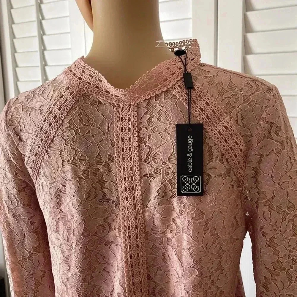 CABLE & GAUGE Women’s Light Pink / ROSE Lace Blouse Top - Size Medium NWT - Picture 5 of 7